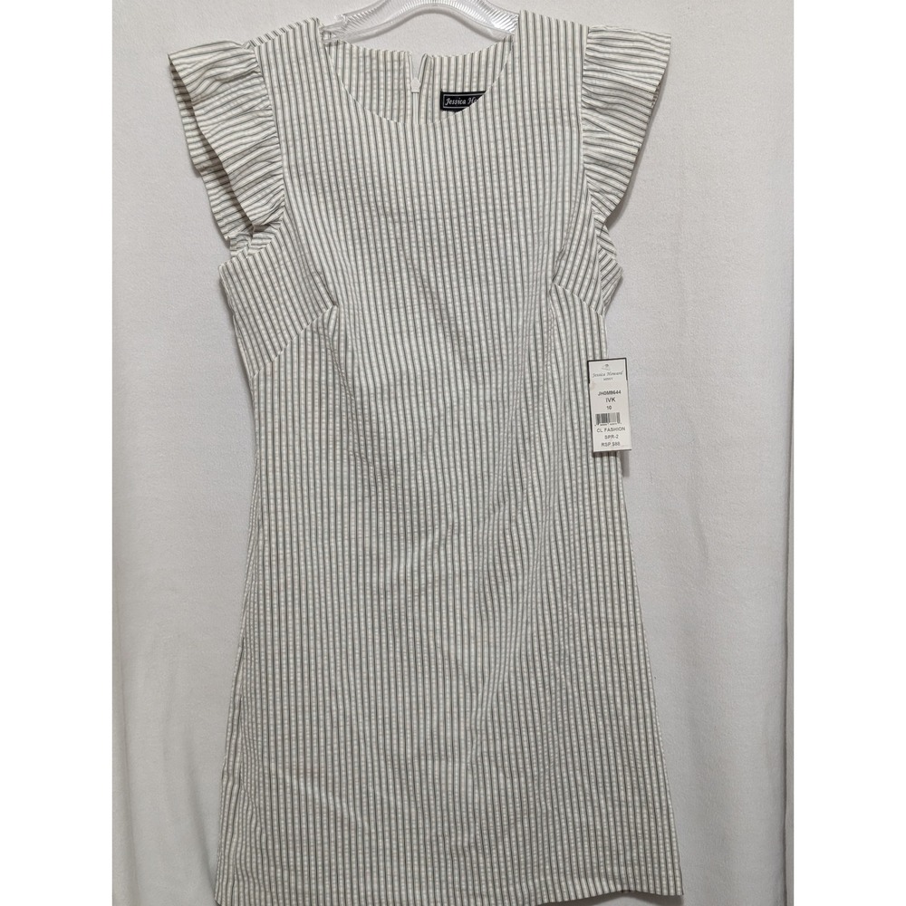 Jessica Howard Womens Striped Seersucker Ruffle Sheath Dress Grey Ivory 10